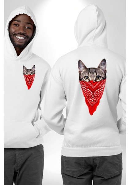 Maske Gangester Kedi Erkek Kadın Beyaz Ön Sırt Baskılı Kapüşonlu Sweatshirt Hoodie