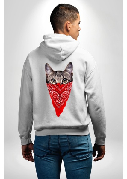 Maske Gangester Kedi Erkek Kadın Beyaz Ön Sırt Baskılı Kapüşonlu Sweatshirt Hoodie modelleri