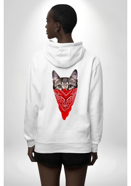 Maske Gangester Kedi Erkek Kadın Beyaz Ön Sırt Baskılı Kapüşonlu Sweatshirt Hoodie indirimleri