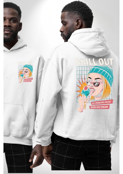 Sakin Ol Tüm Sorunlar Çözüldü Dondurma Ile Erkek Kadın Beyaz Ön Sırt Baskılı Kapüşonlu Sweatshirt Hoodie