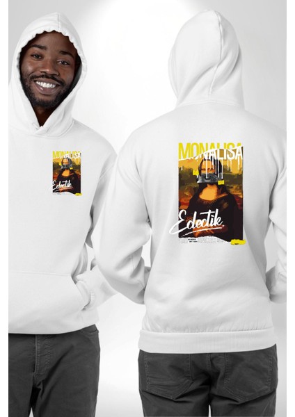 Monalisa Elektrik Özel Yapay Zeka Tasarımı Erkek Kadın Beyaz Ön Sırt Baskılı Kapüşonlu Sweatshirt Hoodie