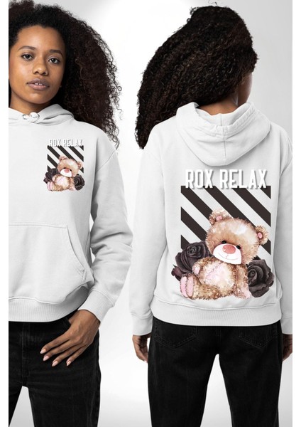 Relax Teddy Ayı Gül Erkek Kadın Beyaz Ön Sırt Baskılı Kapüşonlu Sweatshirt Hoodie