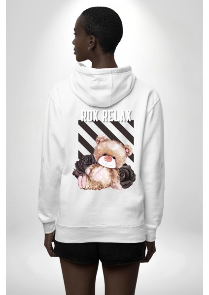 Relax Teddy Ayı Gül Erkek Kadın Beyaz Ön Sırt Baskılı Kapüşonlu Sweatshirt Hoodie indirimleri
