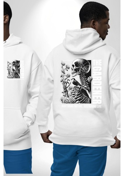 Iskelet Aşkı Kuş Kırk Kalp ve Kuru Çiçekler Erkek Kadın Beyaz Ön Sırt Baskılı Kapüşonlu Sweatshirt Hoodie