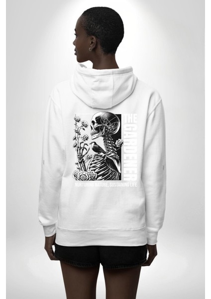 Iskelet Aşkı Kuş Kırk Kalp ve Kuru Çiçekler Erkek Kadın Beyaz Ön Sırt Baskılı Kapüşonlu Sweatshirt Hoodie