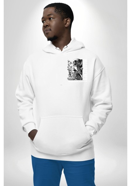 Iskelet Aşkı Kuş Kırk Kalp ve Kuru Çiçekler Erkek Kadın Beyaz Ön Sırt Baskılı Kapüşonlu Sweatshirt Hoodie