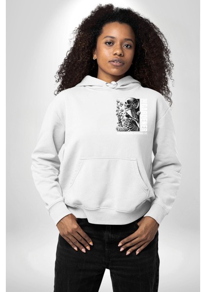 Iskelet Aşkı Kuş Kırk Kalp ve Kuru Çiçekler Erkek Kadın Beyaz Ön Sırt Baskılı Kapüşonlu Sweatshirt Hoodie
