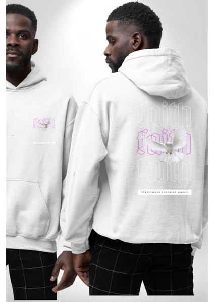 Sevimli Güvercin Beyaz Barış Sokak Sitili Erkek Kadın Beyaz Ön Sırt Baskılı Kapüşonlu Sweatshirt Hoodie