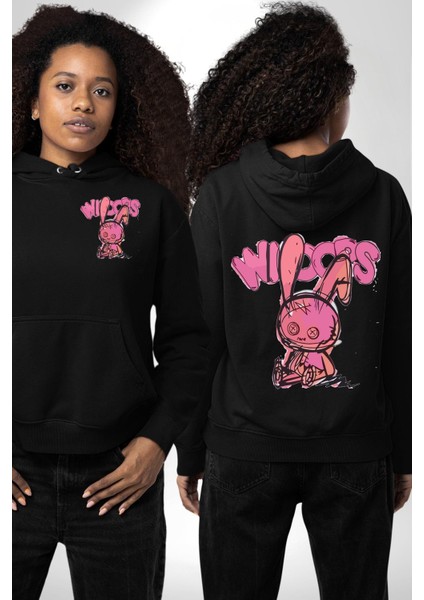 Öfkeli Voodoo Tavşan Xox Erkek Kadın Siyah Ön Sırt Baskılı Kapüşonlu Sweatshirt Hoodie