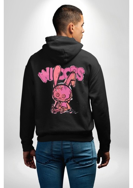 Öfkeli Voodoo Tavşan Xox Erkek Kadın Siyah Ön Sırt Baskılı Kapüşonlu Sweatshirt Hoodie fiyatları