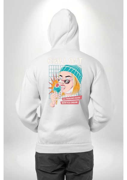 Sakin Ol Tüm Sorunlar Çözüldü Dondurma Ile Erkek Kadın Beyaz Ön Sırt Baskılı Kapüşonlu Sweatshirt Hoodie modelleri