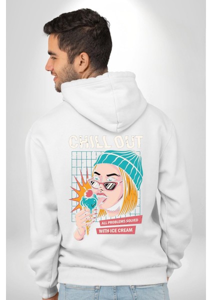 Sakin Ol Tüm Sorunlar Çözüldü Dondurma Ile Erkek Kadın Beyaz Ön Sırt Baskılı Kapüşonlu Sweatshirt Hoodie fırsatları