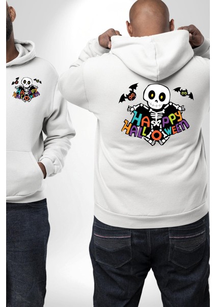 Halloween Skeleton Eğlenceli Cadılar Bayramı Erkek Kadın Beyaz Ön Sırt Baskılı Kapüşonlu Sweatshirt Hoodie