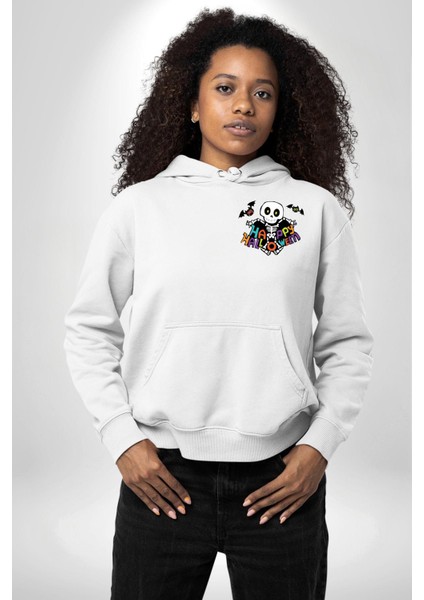 Halloween Skeleton Eğlenceli Cadılar Bayramı Erkek Kadın Beyaz Ön Sırt Baskılı Kapüşonlu Sweatshirt Hoodie modelleri