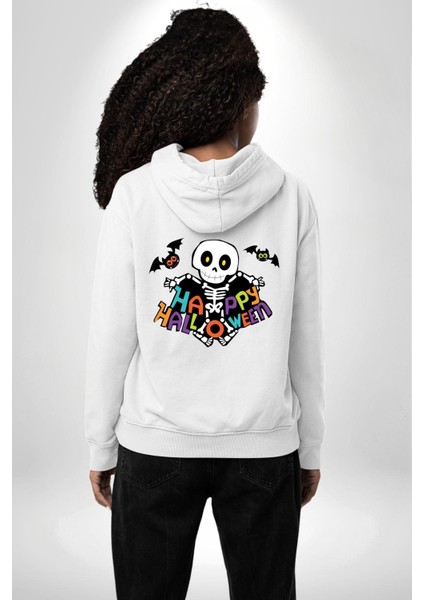 Halloween Skeleton Eğlenceli Cadılar Bayramı Erkek Kadın Beyaz Ön Sırt Baskılı Kapüşonlu Sweatshirt Hoodie indirimleri