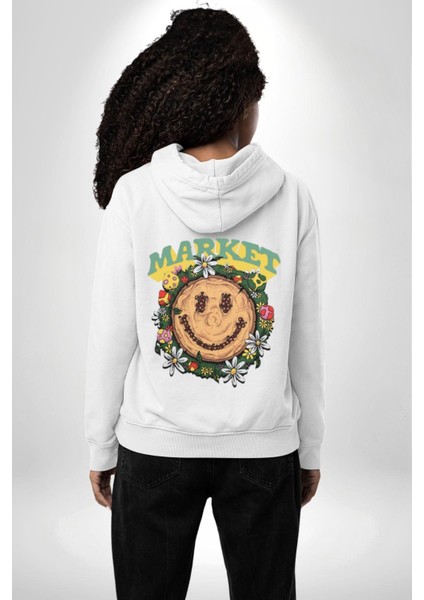 Gülen Market Ağaç Çiçek Mantar Erkek Kadın Beyaz Ön Sırt Baskılı Kapüşonlu Sweatshirt Hoodie fiyatları