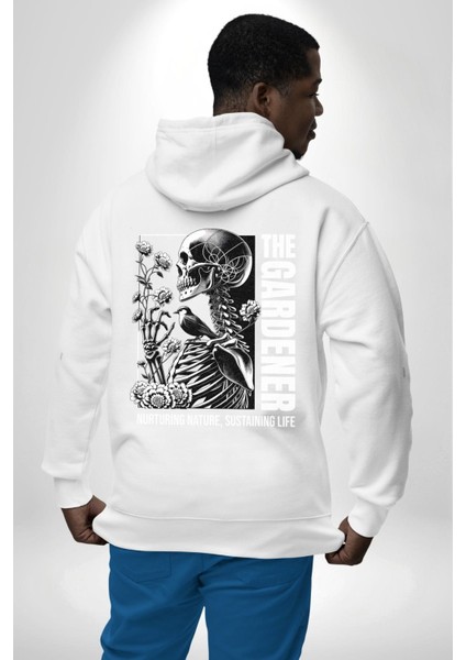 Iskelet Aşkı Kuş Kırk Kalp ve Kuru Çiçekler Erkek Kadın Beyaz Ön Sırt Baskılı Kapüşonlu Sweatshirt Hoodie