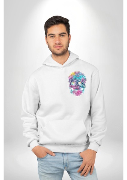 Şeker Kafatası (Day Of The Dead) Erkek Kadın Beyaz Ön Sırt Baskılı Kapüşonlu Sweatshirt Hoodie
