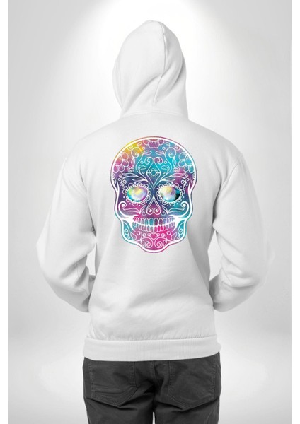 Şeker Kafatası (Day Of The Dead) Erkek Kadın Beyaz Ön Sırt Baskılı Kapüşonlu Sweatshirt Hoodie