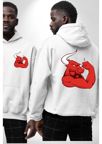 Kırmızı Boğa Maskotu Erkek Kadın Beyaz Ön Sırt Baskılı Kapüşonlu Sweatshirt Hoodie