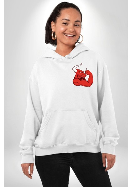 Kırmızı Boğa Maskotu Erkek Kadın Beyaz Ön Sırt Baskılı Kapüşonlu Sweatshirt Hoodie fiyatları