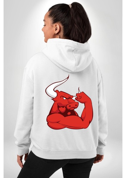 Kırmızı Boğa Maskotu Erkek Kadın Beyaz Ön Sırt Baskılı Kapüşonlu Sweatshirt Hoodie modelleri
