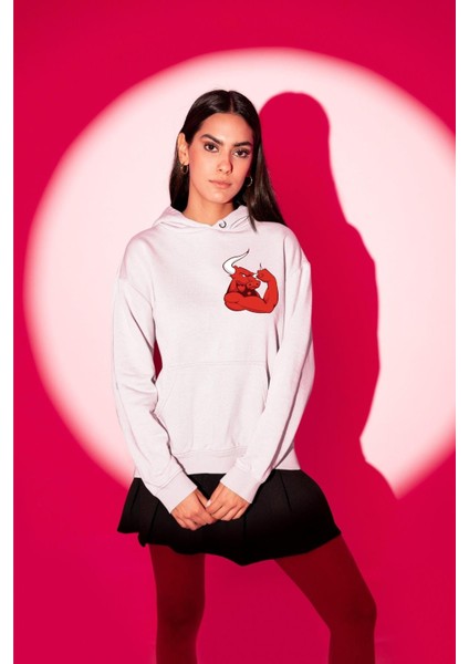 Kırmızı Boğa Maskotu Erkek Kadın Beyaz Ön Sırt Baskılı Kapüşonlu Sweatshirt Hoodie fırsatları