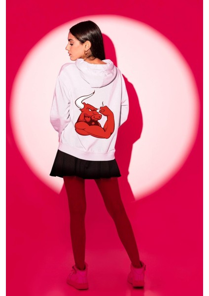 Kırmızı Boğa Maskotu Erkek Kadın Beyaz Ön Sırt Baskılı Kapüşonlu Sweatshirt Hoodie indirimleri