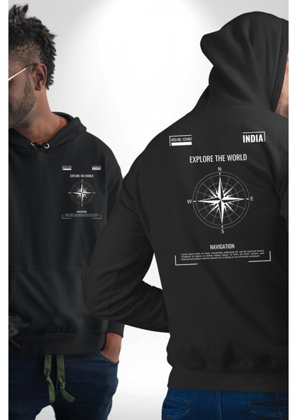 Navigasyon Pusula Ile Dünyayı Keşfet Sokak Style Erkek Kadın Siyah Ön Sırt Baskılı Kapüşonlu Sweatshirt Hoodie