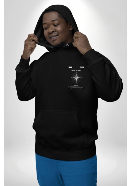 Navigasyon Pusula Ile Dünyayı Keşfet Sokak Style Erkek Kadın Siyah Ön Sırt Baskılı Kapüşonlu Sweatshirt Hoodie