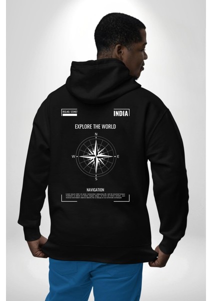 Navigasyon Pusula Ile Dünyayı Keşfet Sokak Style Erkek Kadın Siyah Ön Sırt Baskılı Kapüşonlu Sweatshirt Hoodie