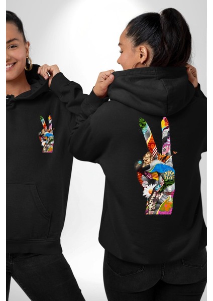 Dünya Barışı Özgürlük Zafer Işareti Erkek Kadın Siyah Ön Sırt Baskılı Kapüşonlu Sweatshirt Hoodie