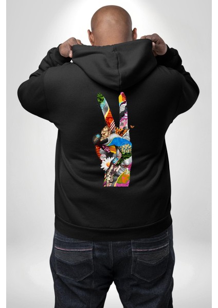 Dünya Barışı Özgürlük Zafer Işareti Erkek Kadın Siyah Ön Sırt Baskılı Kapüşonlu Sweatshirt Hoodie fiyatları