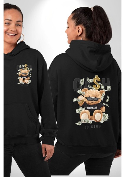 Nakit Dolar Kralı Ayıcık Sokak Stili Erkek Kadın Siyah Ön Sırt Baskılı Kapüşonlu Sweatshirt Hoodie