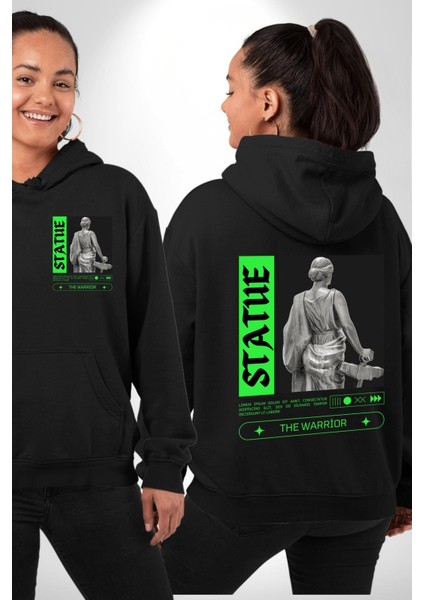 Sokak Sitili Heykel Kadın Savaşcı Erkek Kadın Siyah Ön Sırt Baskılı Kapüşonlu Sweatshirt Hoodie
