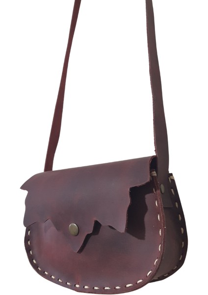 Themis Model El Yapımı Vintage El Dikişi Yaprak Desenli Bordo Renk Crazy Deri Omuz Çantası