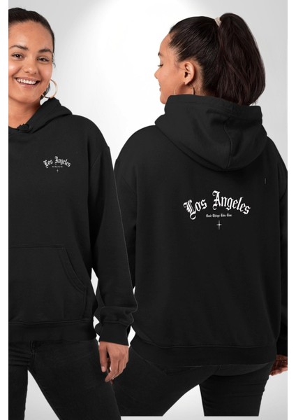 Los Angeles Sokak Tarzı Erkek Kadın Siyah Ön Sırt Baskılı Kapüşonlu Sweatshirt Hoodie