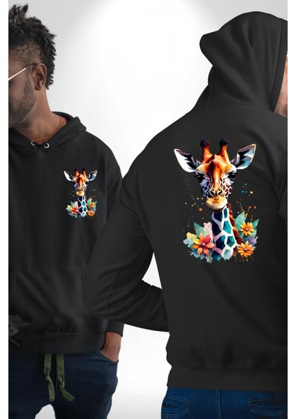 Yapay Zeka Sanat Zürafa Çiçekler Çizimi Erkek Kadın Siyah Ön Sırt Baskılı Kapüşonlu Sweatshirt Hoodie
