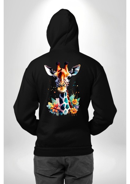 Yapay Zeka Sanat Zürafa Çiçekler Çizimi Erkek Kadın Siyah Ön Sırt Baskılı Kapüşonlu Sweatshirt Hoodie