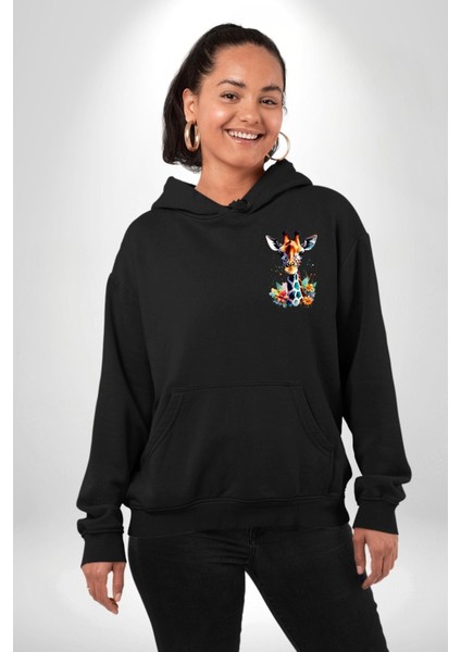 Yapay Zeka Sanat Zürafa Çiçekler Çizimi Erkek Kadın Siyah Ön Sırt Baskılı Kapüşonlu Sweatshirt Hoodie