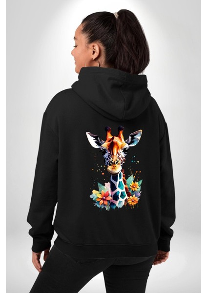 Yapay Zeka Sanat Zürafa Çiçekler Çizimi Erkek Kadın Siyah Ön Sırt Baskılı Kapüşonlu Sweatshirt Hoodie
