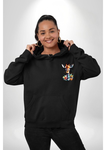 Yapay Zeka Sanat Zürafa Çiçekler Çizimi Erkek Kadın Siyah Ön Sırt Baskılı Kapüşonlu Sweatshirt Hoodie