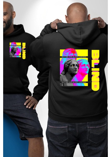 Heykel Anlamadığınız Şeyden Nefret Etmeyin Erkek Kadın Siyah Ön Sırt Baskılı Kapüşonlu Sweatshirt Hoodie