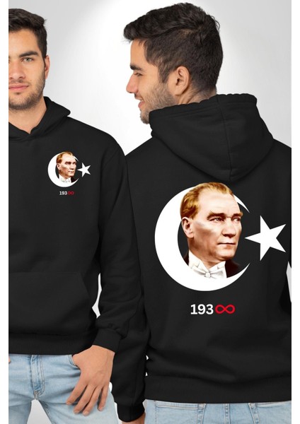 Ay Yıldız Atatürk 10 Kasım Sonsuza Kadar Erkek Kadın Siyah Ön Sırt Baskılı Kapüşonlu Sweatshirt Hoodie