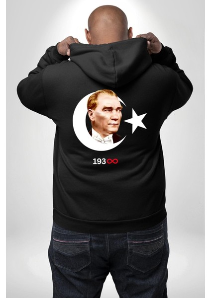 Ay Yıldız Atatürk 10 Kasım Sonsuza Kadar Erkek Kadın Siyah Ön Sırt Baskılı Kapüşonlu Sweatshirt Hoodie