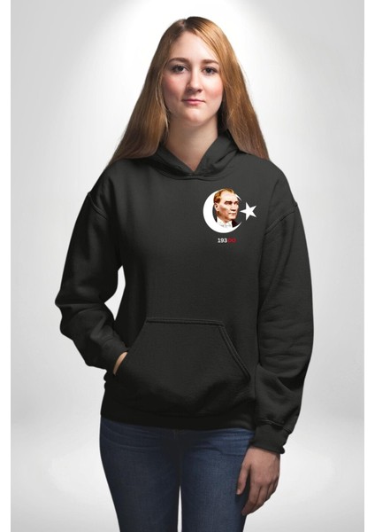 Ay Yıldız Atatürk 10 Kasım Sonsuza Kadar Erkek Kadın Siyah Ön Sırt Baskılı Kapüşonlu Sweatshirt Hoodie
