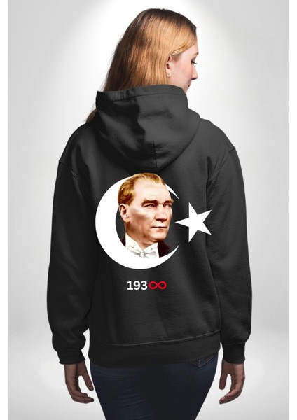 Ay Yıldız Atatürk 10 Kasım Sonsuza Kadar Erkek Kadın Siyah Ön Sırt Baskılı Kapüşonlu Sweatshirt Hoodie
