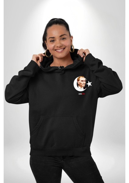 Ay Yıldız Atatürk 10 Kasım Sonsuza Kadar Erkek Kadın Siyah Ön Sırt Baskılı Kapüşonlu Sweatshirt Hoodie