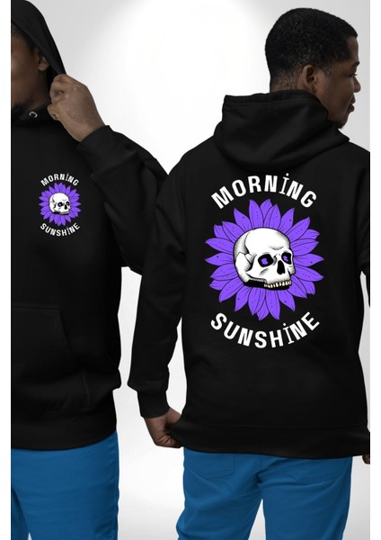 Polen Kafatası Mor Çiçek Erkek Kadın Siyah Ön Sırt Baskılı Kapüşonlu Sweatshirt Hoodie