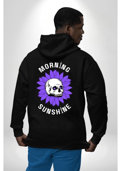 Polen Kafatası Mor Çiçek Erkek Kadın Siyah Ön Sırt Baskılı Kapüşonlu Sweatshirt Hoodie
